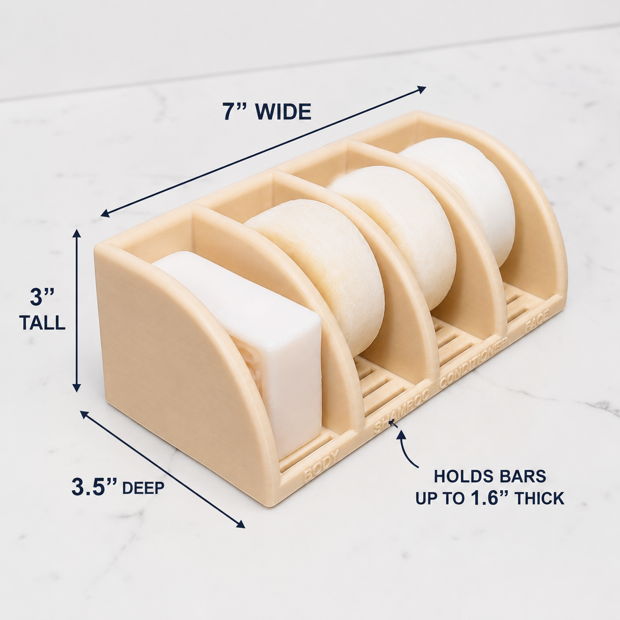 Beige soap holder with dimensions labeled on a white background