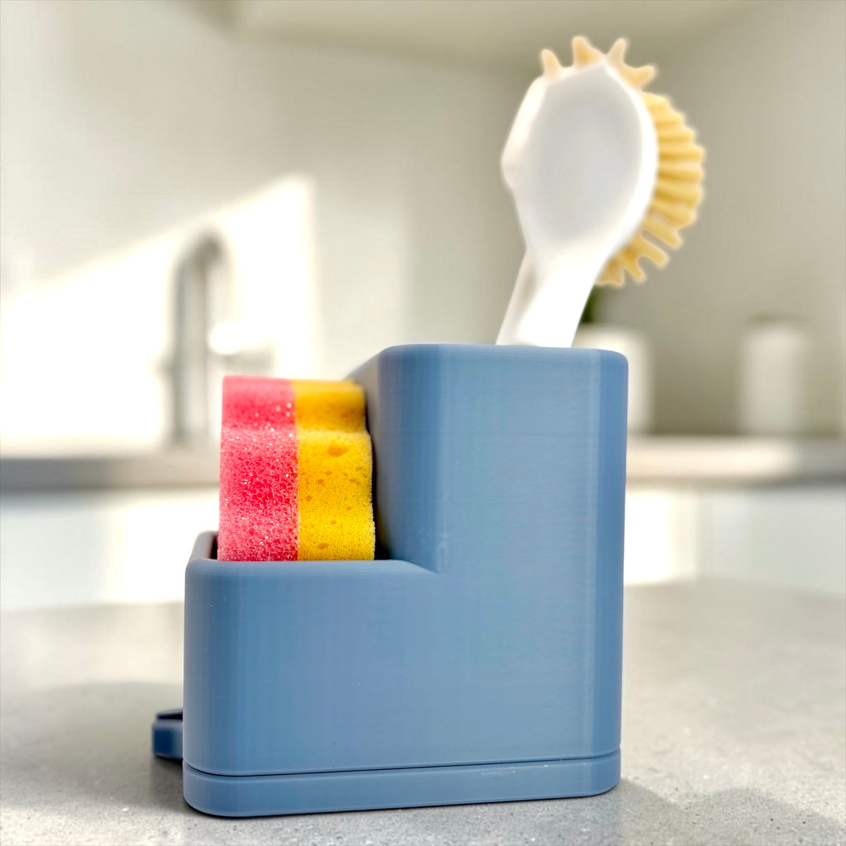 Self-Draining Sink Caddy with Drain Spout | Round Sponge & Brush Organizer