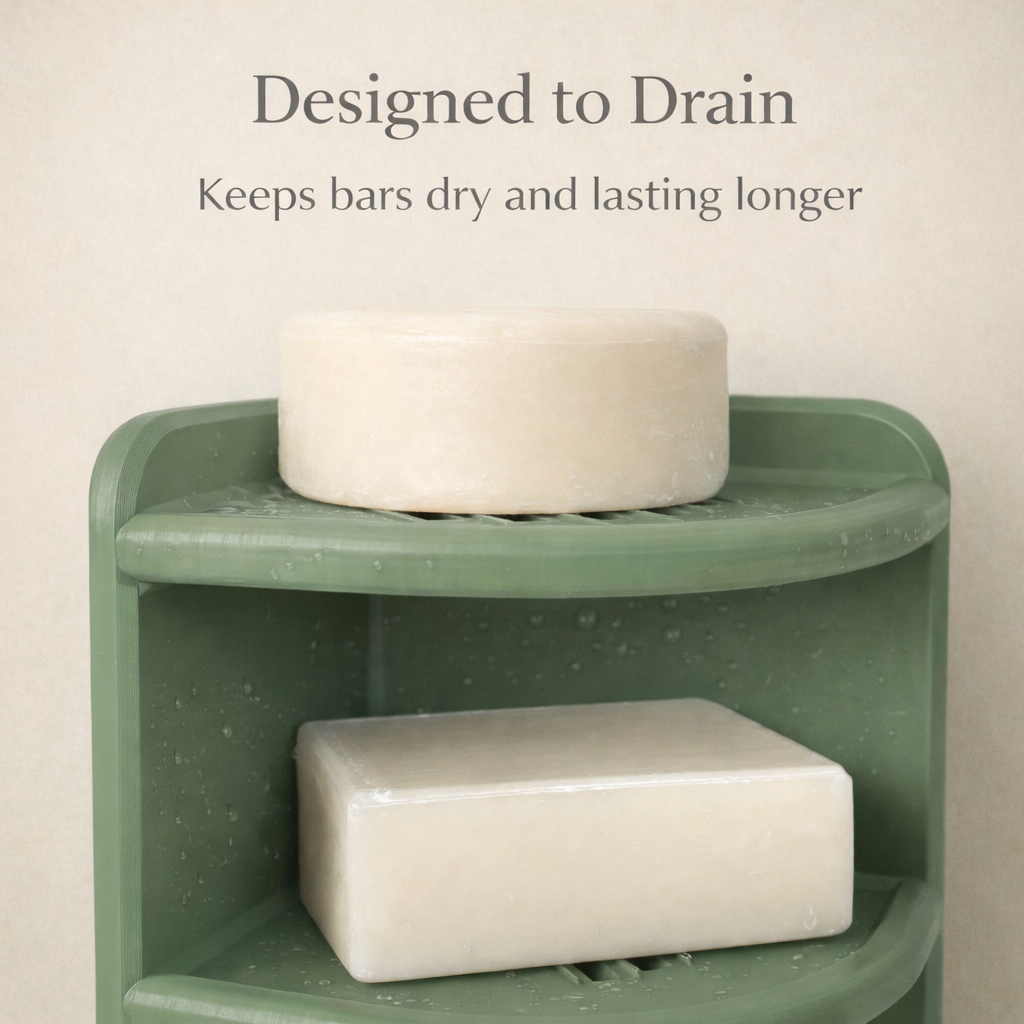 Olive Green soap dish with two bars of soap on a beige background. Text on top background saying "Designed to Drain" and "Keep bars dry and lasting longer"