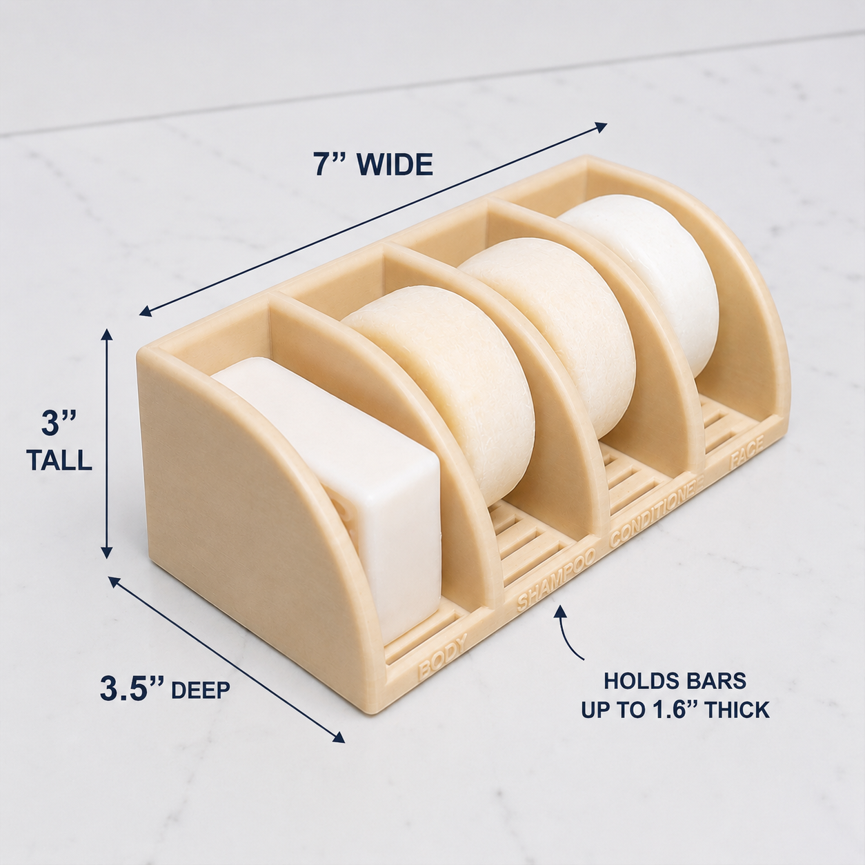 Beige soap holder with dimensions labeled on a white background
