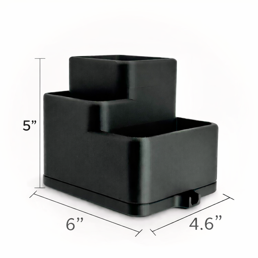 Black sink caddy with dimensions labeled on a white background