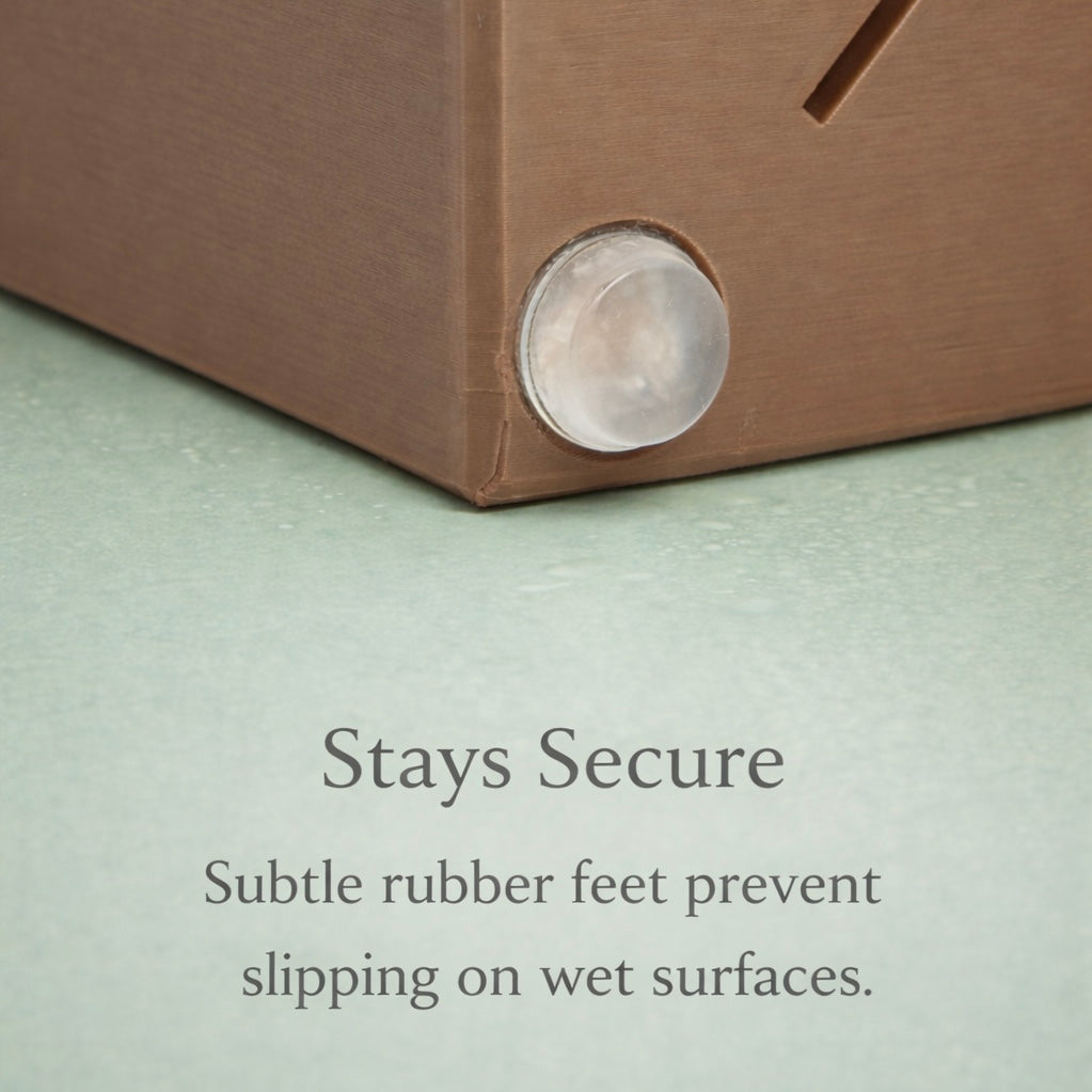 Cocoa brown holder bottom with a rubber foot on a light green surface, text indicating security feature.