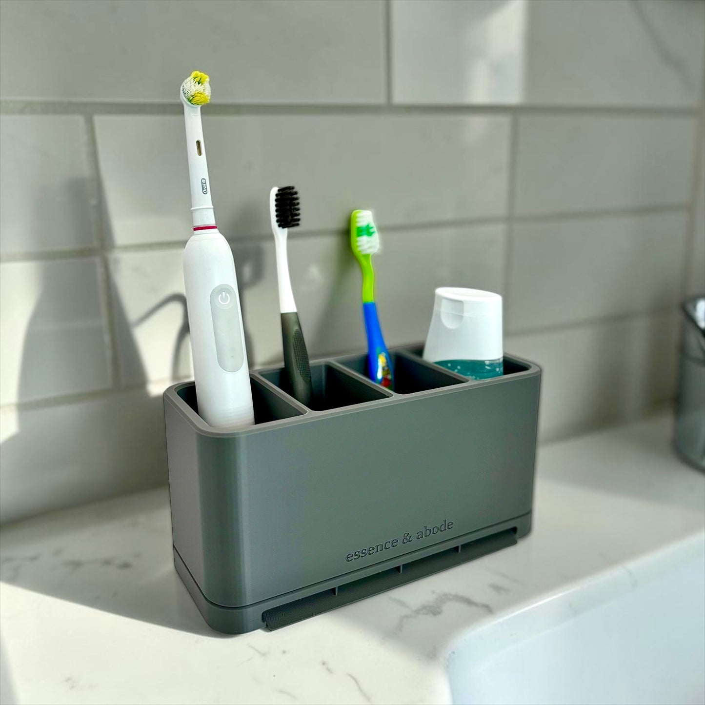 Modern Toothbrush & Toothpaste Organizer | Self-Draining Bathroom Caddy with Removable Tray | Plant-Based Plastic