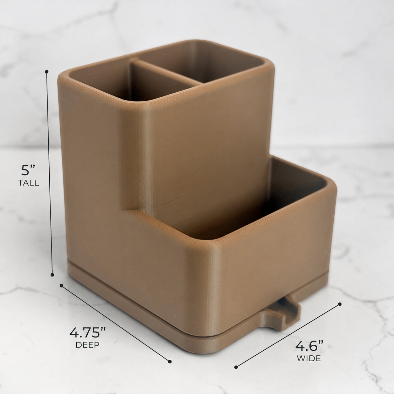 Brown rectangular sink container with dimensions on a white background