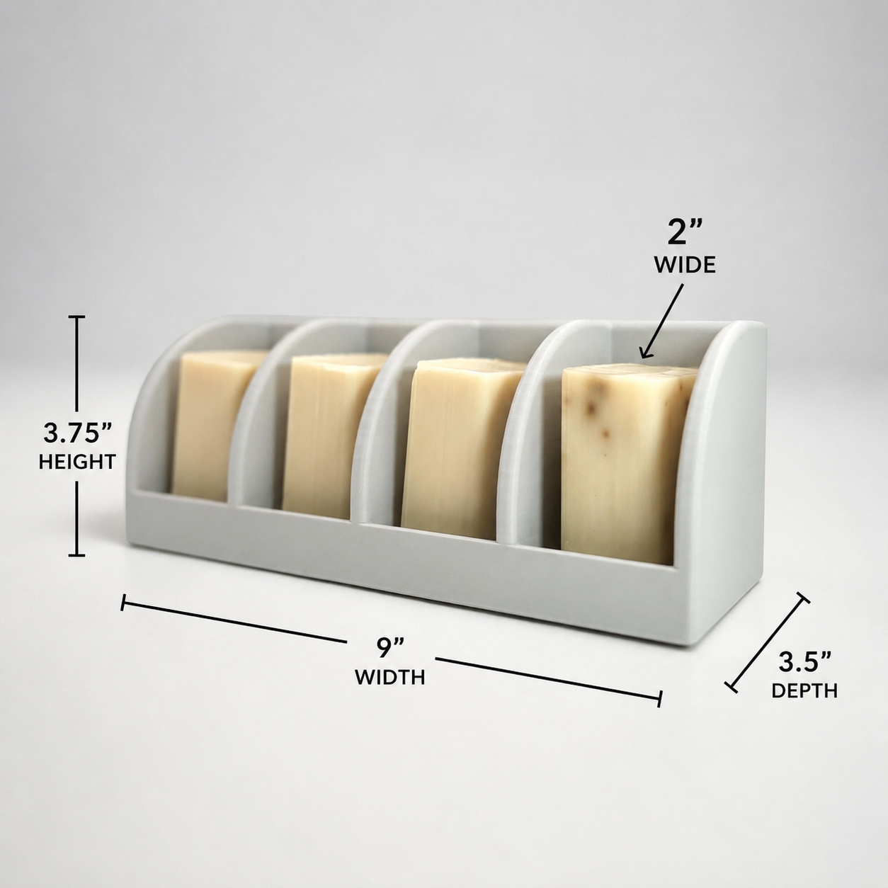 light gray soap holder with four compartments containing soap bars, shown with measurements on a gray background.