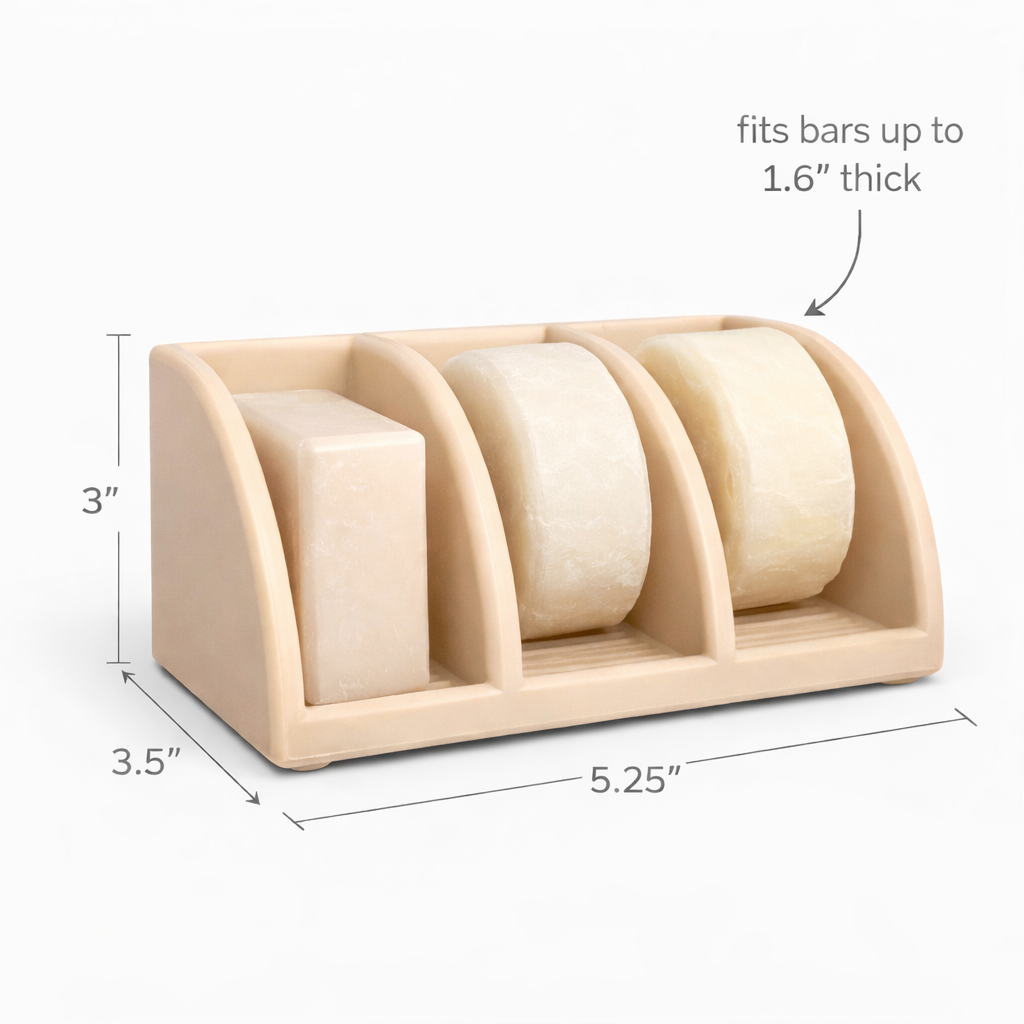 beige soap holder with dimensions labeled on a white background