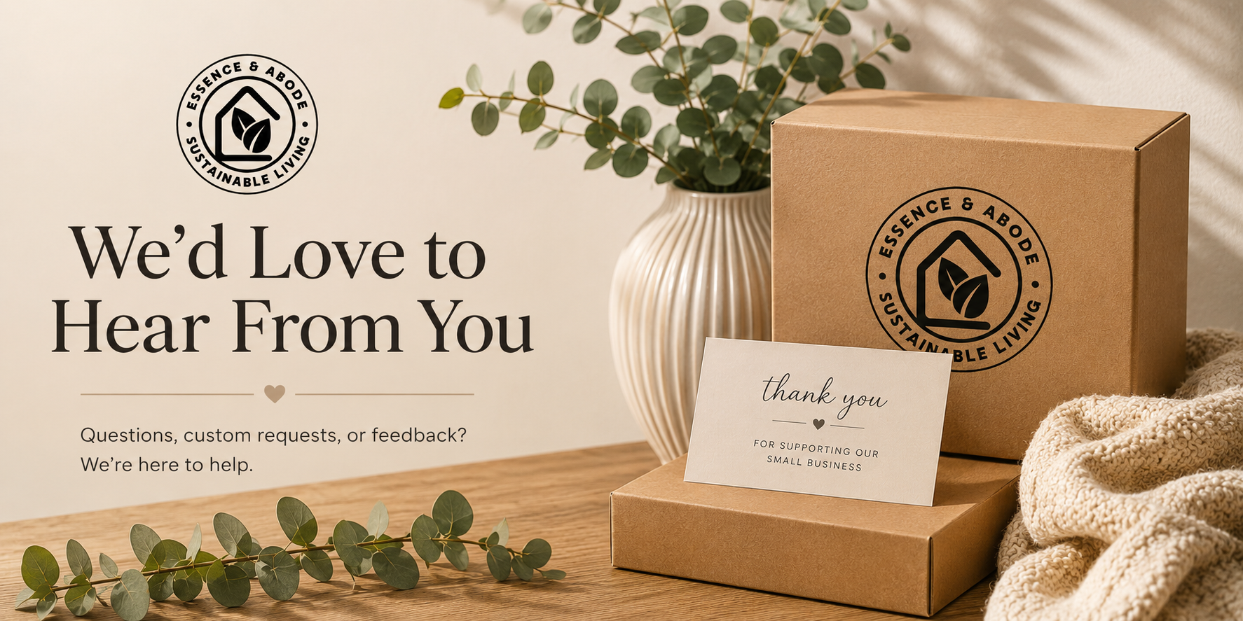 Brown boxes with 'Essence & Body' branding on a wooden surface with eucalyptus leaves.