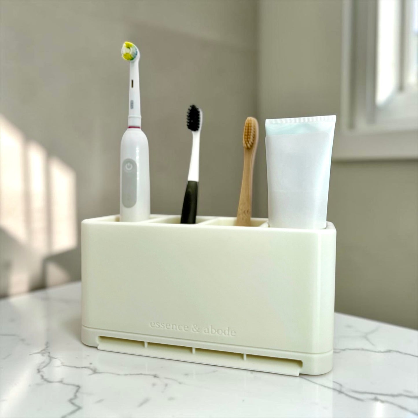 Modern Toothbrush & Toothpaste Organizer | Self-Draining Bathroom Caddy with Removable Tray | Plant-Based Plastic