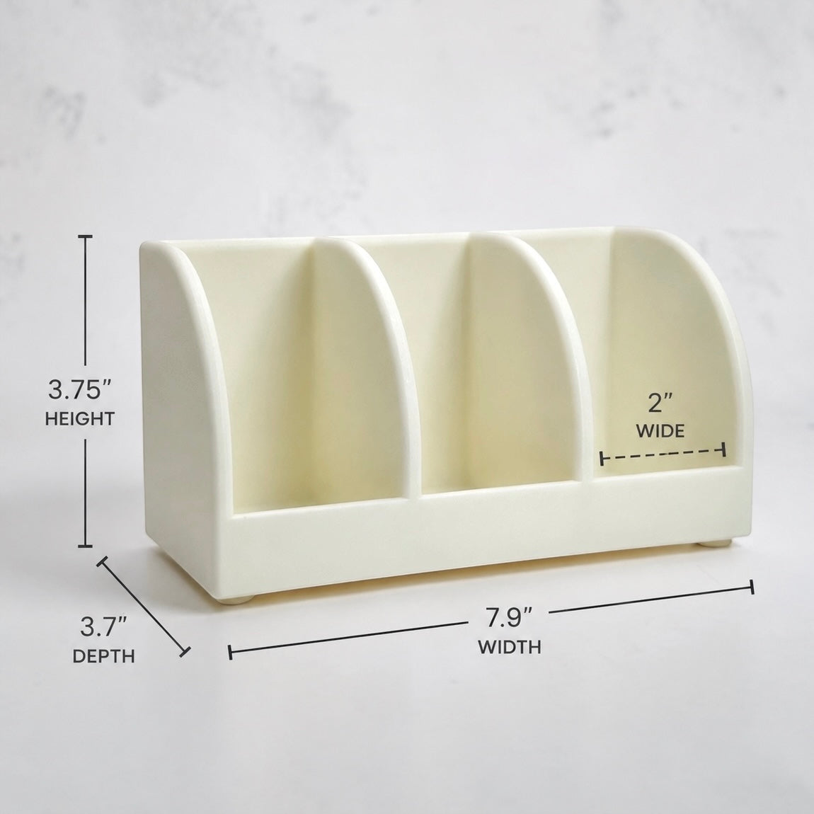 White soap holder with dimensions on a light gray background