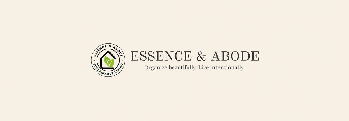 Essence & Abode Sustainable Living logo with tagline, Organize beautifully. Live intentionally.