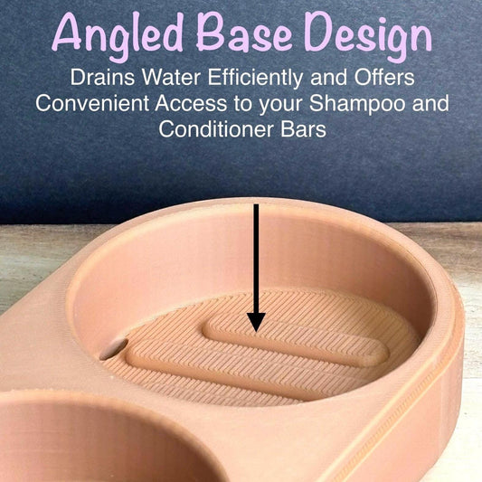 Cosmetic dish with angled base design for efficient water drainage and easy access to shampoo and conditioner bars.