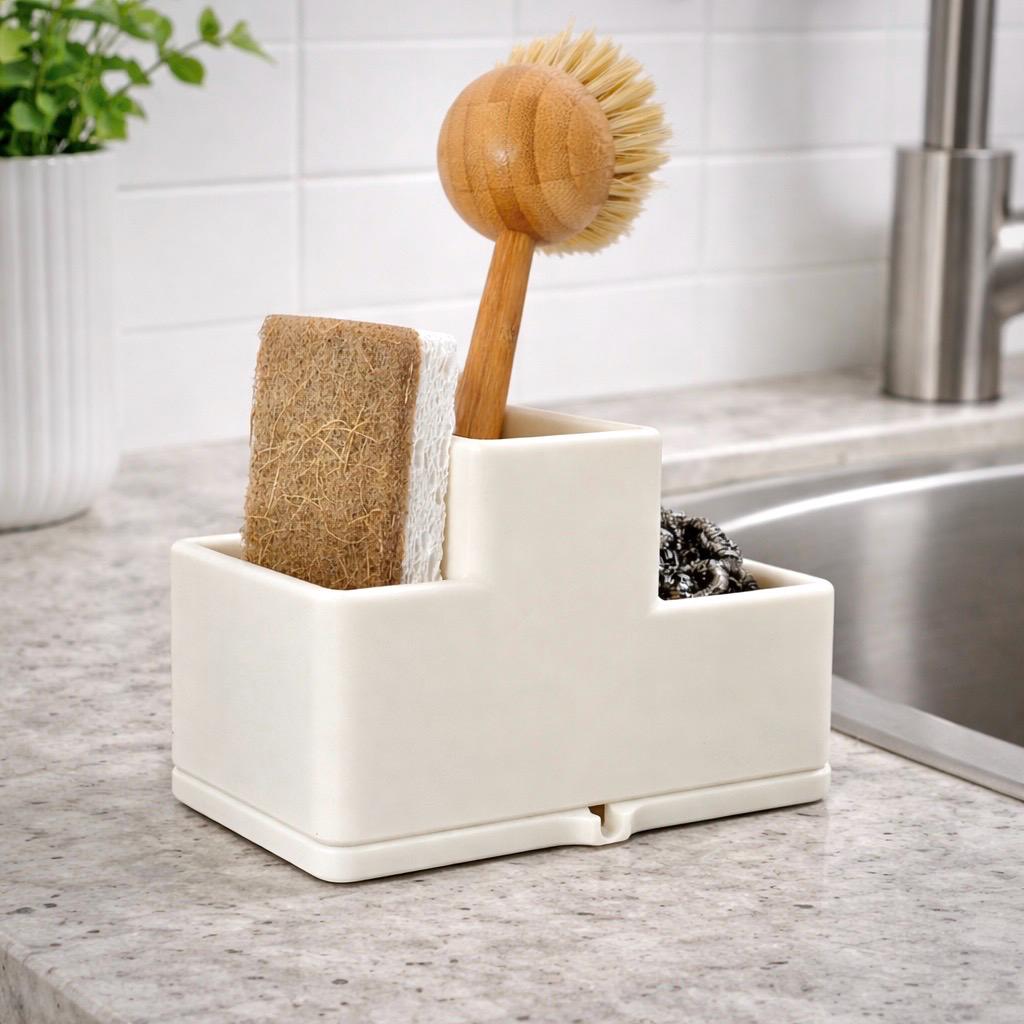 White kitchen sponge holder with a scrubber, sponge, and brush on a countertop.