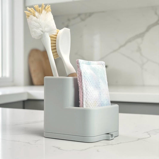 Gray caddy with cleaning brushes and sponges on a marble countertop