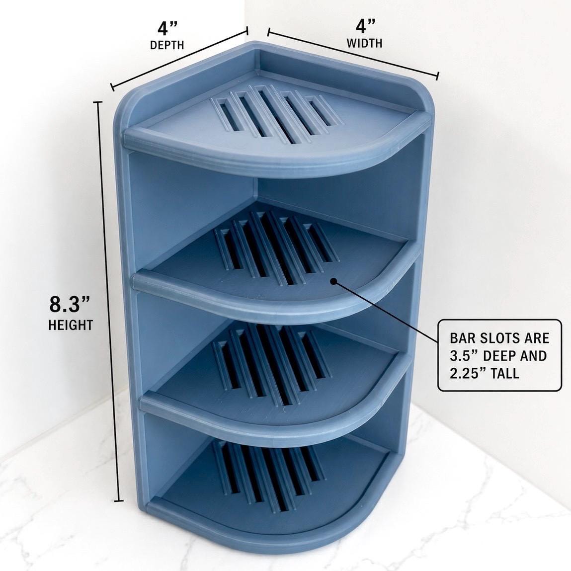 Blue corner shelf with dimensions labeled on a white background