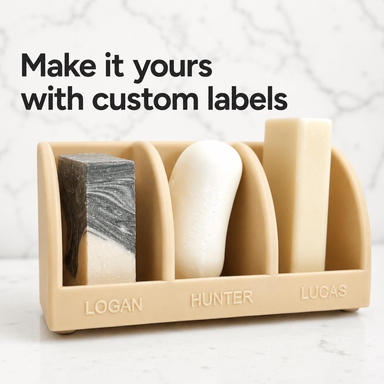 Beige container with three compartments labeled 'Logan', 'Hunter', and 'Lucas' on a light background.