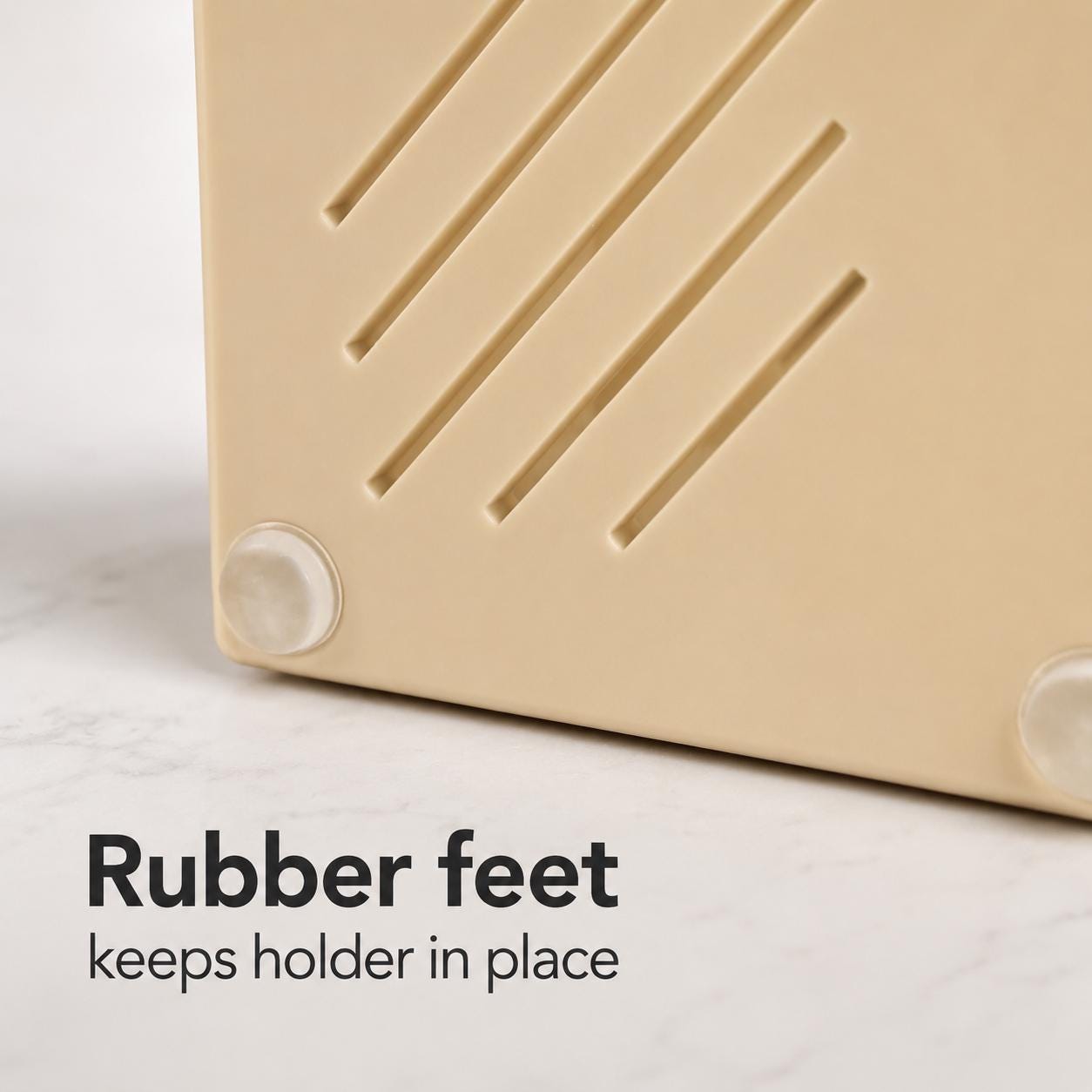 Beige holder with rubber feet on a light gray background
