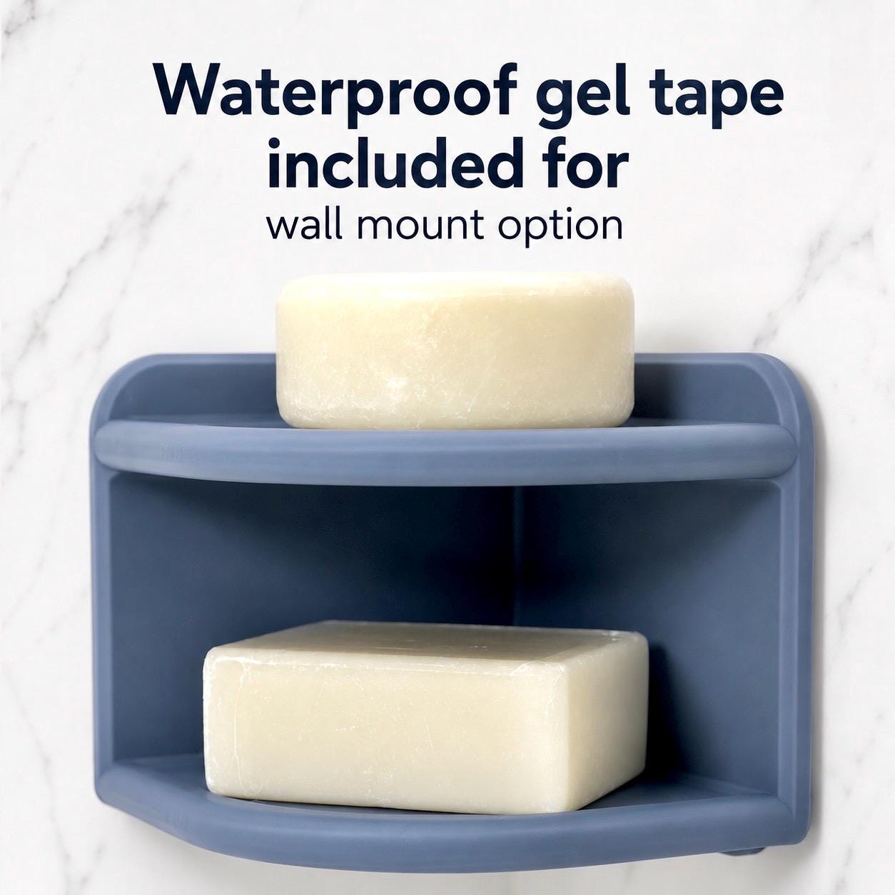 Blue corner shelf with soap on a white background, featuring text about waterproof gel tape.