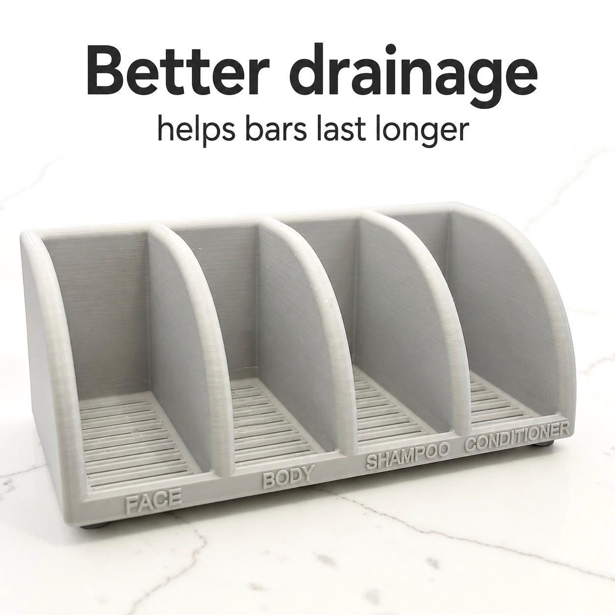 Gray soap dish with compartments labeled for different uses on a white background