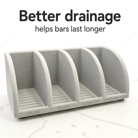 Gray soap dish with compartments labeled for different uses on a white background