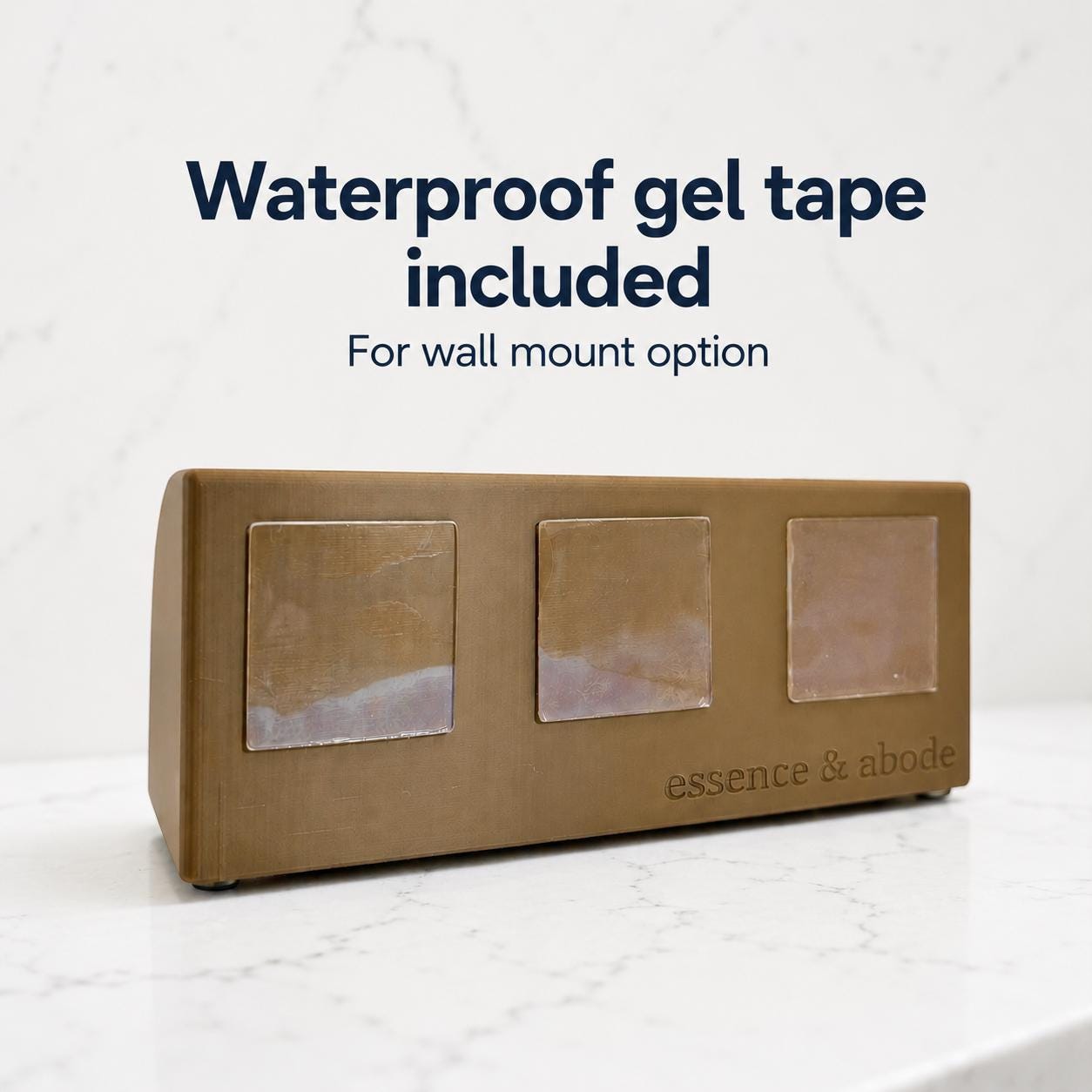 cocoa brown soap holder back part shown with square gel tape and 'essence & abide' branding on a white background. Texts indicating waterproof gel tape included
