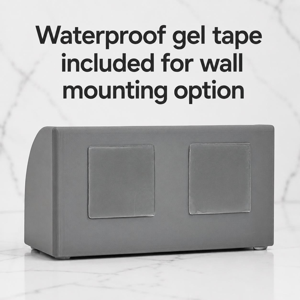 Gray wall-mounted device with waterproof gel tape on a marble background