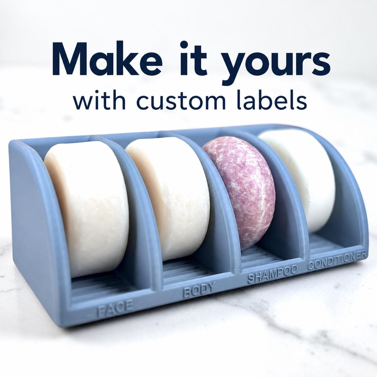 Four bars in a blue holder with text 'Make it yours with custom labels' on a white background.