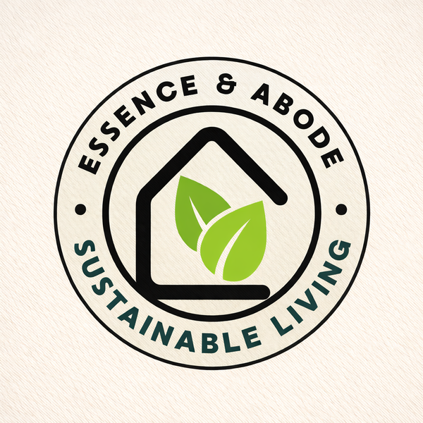 Essence & Abode Sustainable Living logo featuring a minimalist black house with green leaves, surrounded by a circular border and the brand name.