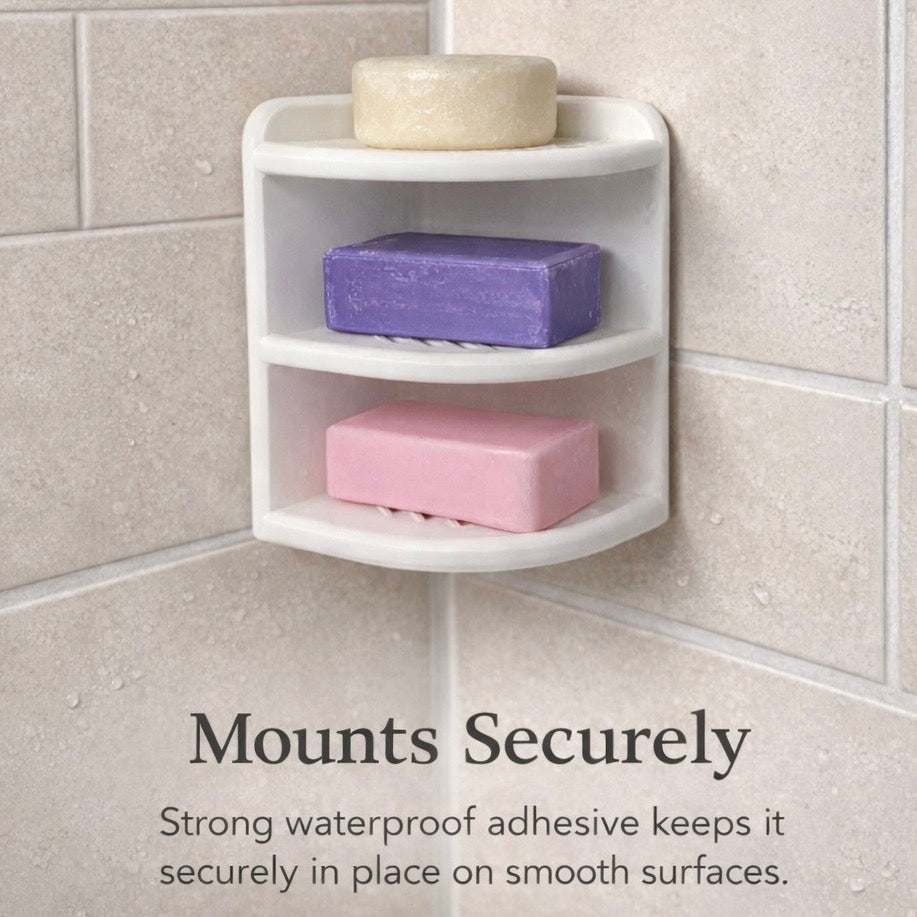 Corner shower caddy with soap bars on a tiled wall, featuring text about secure mounting.
