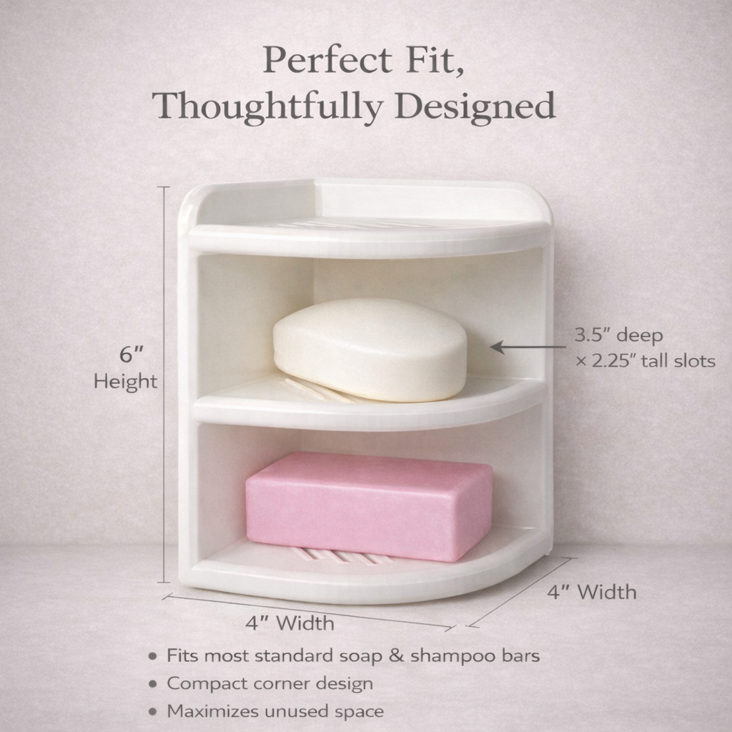 White corner shelf with soap bars on a light gray background, labeled with dimensions and features.